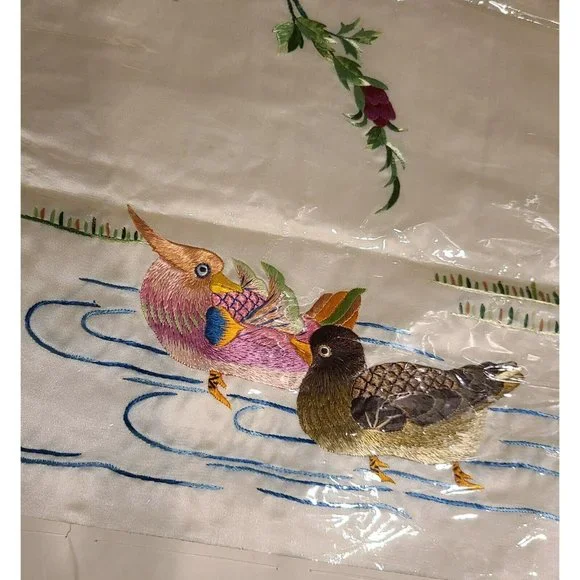 Vintage Silk Embroidered Asian Bird Duck Peacock Art Picture. Set of 2 - Picture 9 of 12